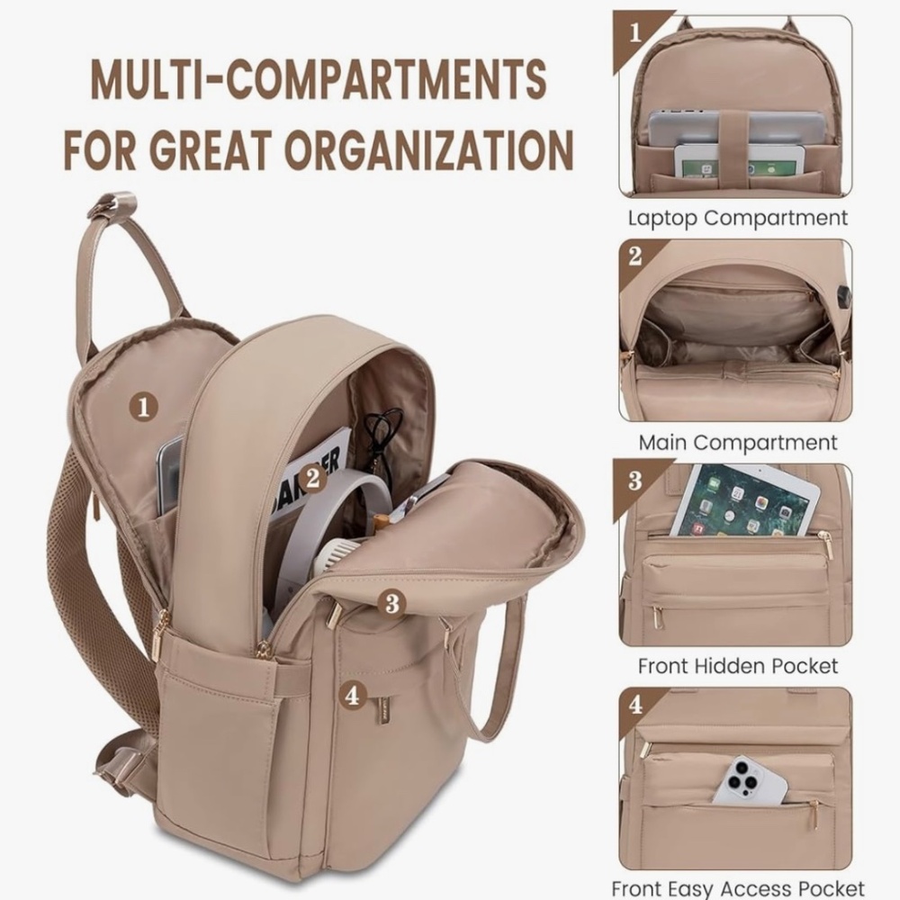 Laptop Backpack for Women 15.6 Inch Laptop Bag with USB Port - Beige - Picture 7 of 11